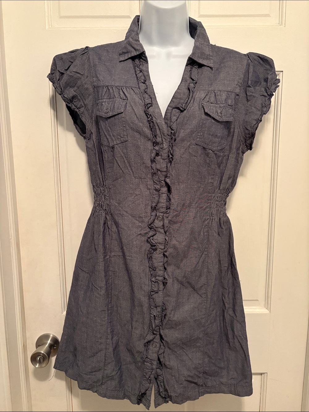 Mission Supply Co Gray Ruffle-Front Shirt Dress - size L